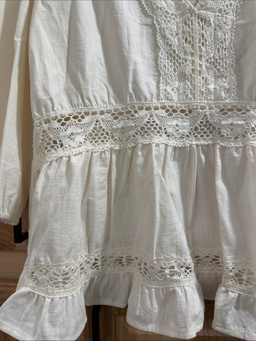 New! Falls Creek Sz L Cotton Babydoll Ivory Lace Eyelet Trim V-Neck Peasant Top